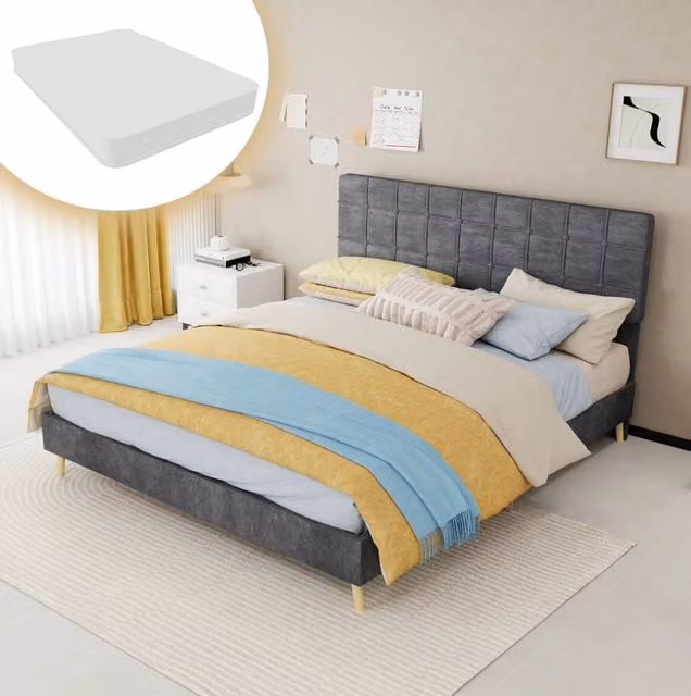 Letto 160x200 cm in tessuto grigio scuro con testiera imbottita e materasso –