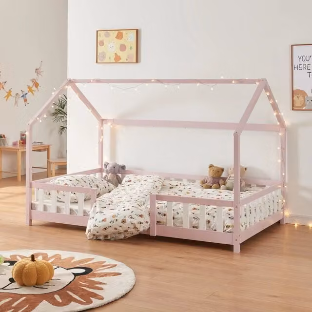 Letto per Cameretta Sisimiut a Forma di Casetta 140x200 cm Rosa / Bianco [en.casa]