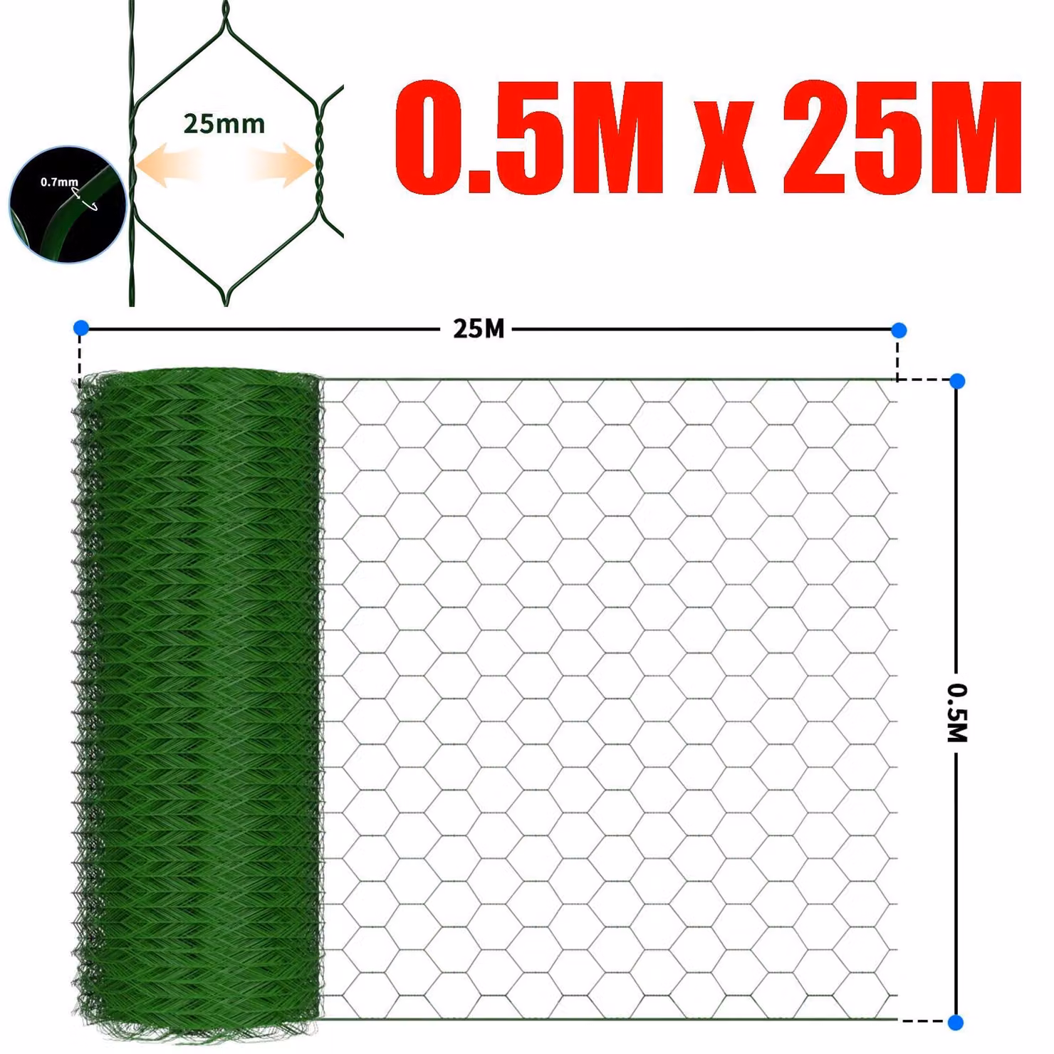 Recinzione a maglie esagonali per conigli - Recinzione per giardino, tipo rete metallica - 25 metri x 50 cm - Dimensione delle maglie: 25 mm - Filo d'acciaio rivestito in PVC - Colore: verde