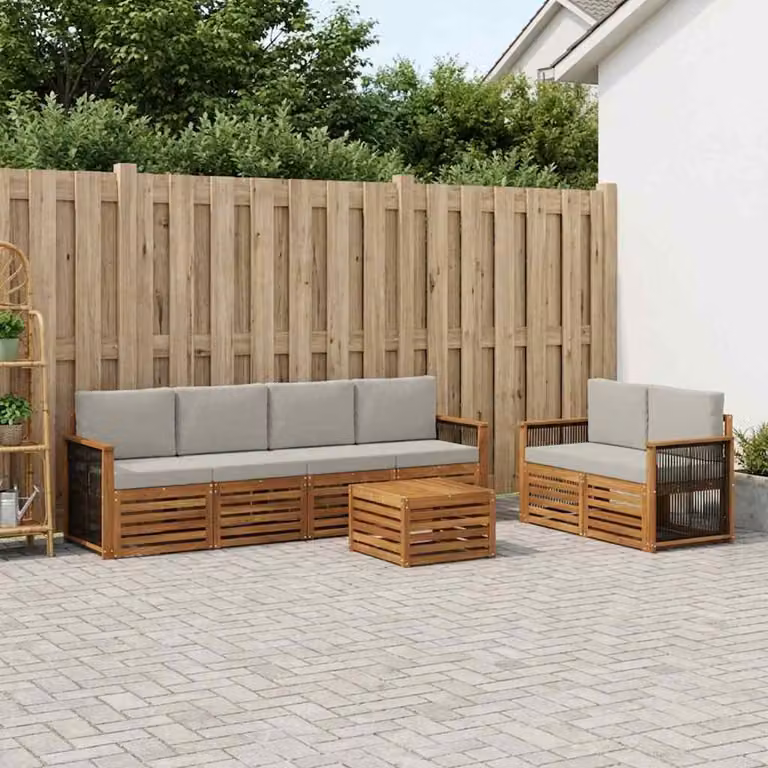 vidaXL Set di divani da esterno a L composto da 7 pezzi in legno di acacia con cuscini, colori beige, grigio e marrone