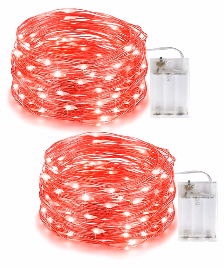 Catena luminosa a LED, 5 metri, 50 LED rossi, grado di protezione IP65 (resistente all'acqua), alimentazione a batteria