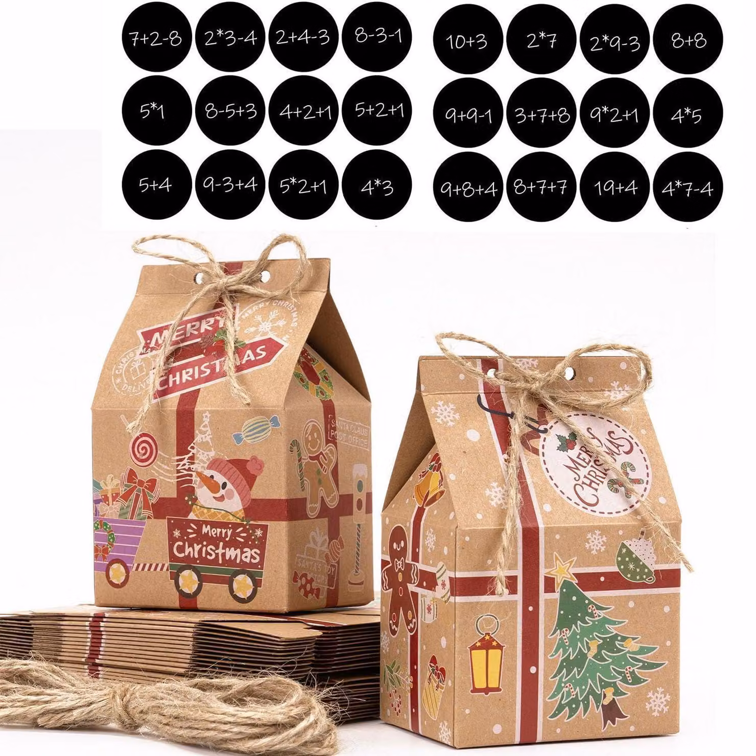 Calendario dell'Avvento da riempire, con 24 casette da appendere/esporre, kit creativo fai-da-te con adesivi numerati, carta kraft, dimensioni 5x7,1x10,1 cm