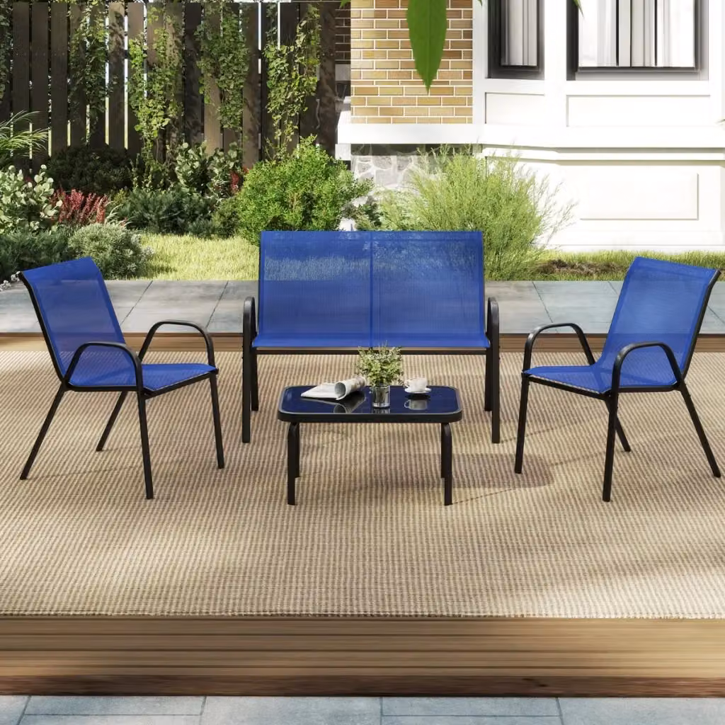 Set da conversazione da esterno DESIGN IN composto da divano a 2 posti, poltrone lounge e tavolino con piano in vetro, colore blu, struttura in acciaio verniciato a polvere e sedute in textilene con cuscini inclusi – 2
