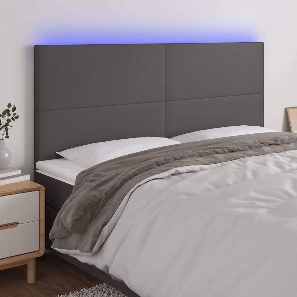 Testiera per letto con illuminazione LED e porta di ricarica USB vidaXL in similpelle grigia, L: 180 cm, P: 5 cm, H: 118/128 cm