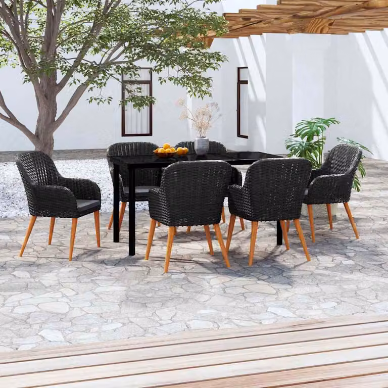 Set da pranzo da giardino vidaXL in rattan e legno di acacia con cuscini, 7 pezzi, nero e grigio