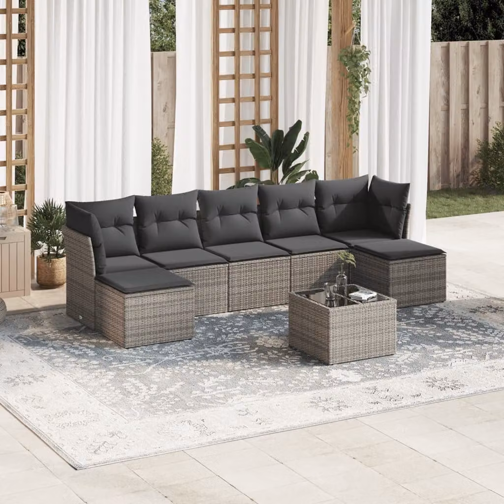 vidaXL Set Divano da Giardino 8 pz in Polyrattan Grigio con Cuscini e Tavolino – 1