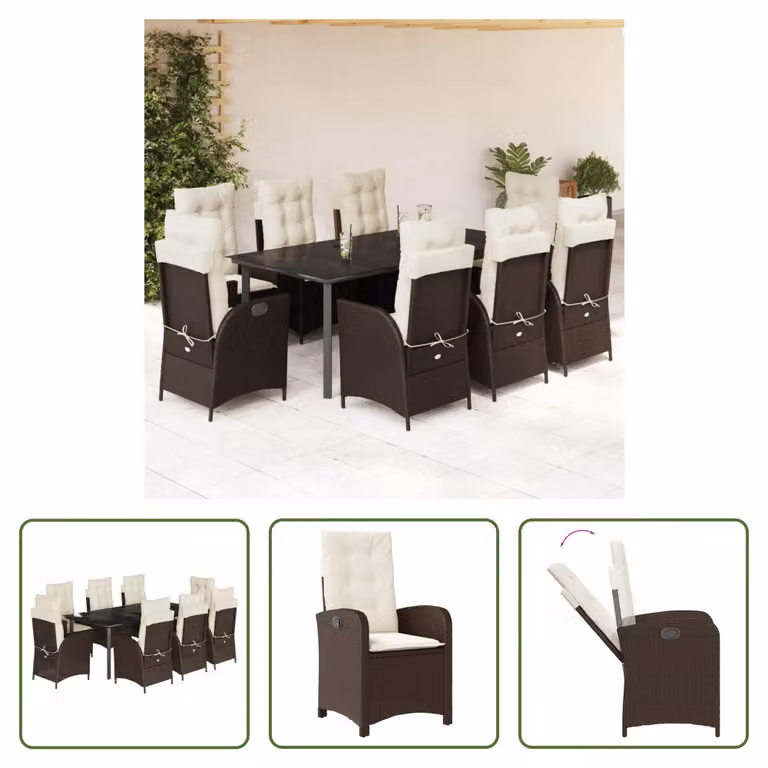 The Living Store Set da pranzo da giardino 9 pezzi con cuscini in polirattan marrone