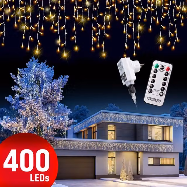 Luci di Natale Monzana con 400 LED Bianco Caldo, Lunghezza 15 m, con Telecomando e Timer, Impermeabili IP44