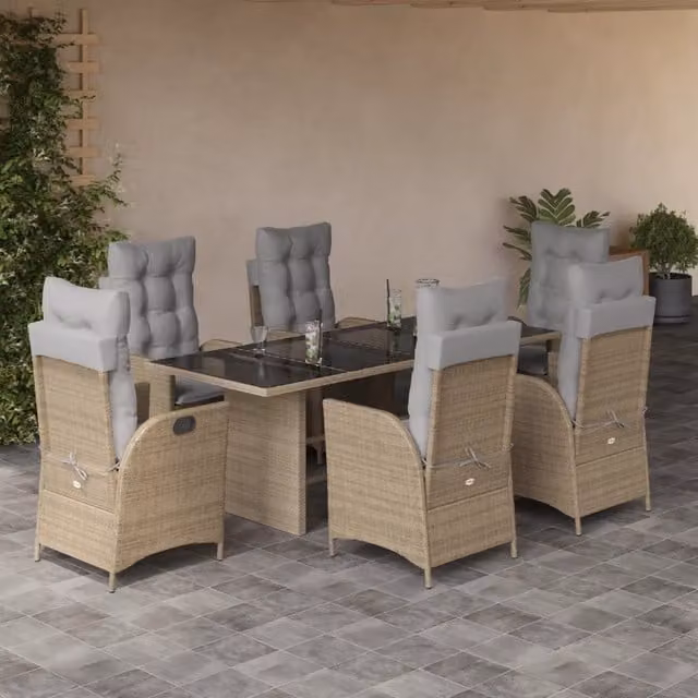 Set Pranzo da Giardino vidaXL in Polyrattan con Cuscini Beige e Grigio, 7 Pezzi