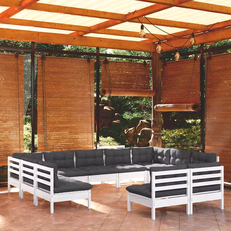 Set di divani da giardino vidaXL a forma di U composto da 11 pezzi in legno di pino trattato con cuscini bianchi e antracite