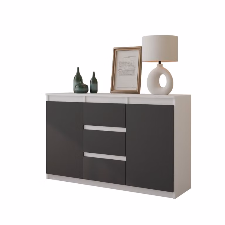 Comodà 120 cm bianco opaco / antracite, 3 cassetti, 2 ante, 2 ripiani, soggiorno