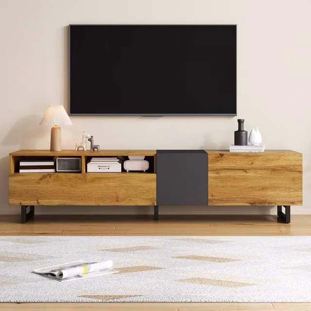 Mobile TV WISHDOR moderno con tre ante e due vani aperti, effetto legno naturale e grigio scuro, L: 170 cm, P: 42 cm, H: 36,5 cm – 1
