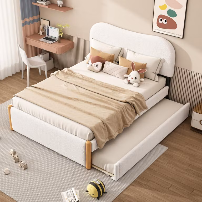Letto imbottito Merax 140x200 cm, imbottito con letto a scomparsa, Plush, letto per bambini, letto per ragazzi, bianco
