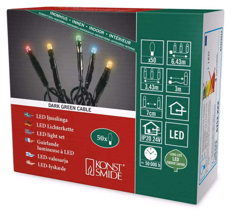 Konstsmide 6353-520 Micro luci LED da fata, saldate, 50 diodi colorati, trasformatore interno da 24 V, cavo verde scuro