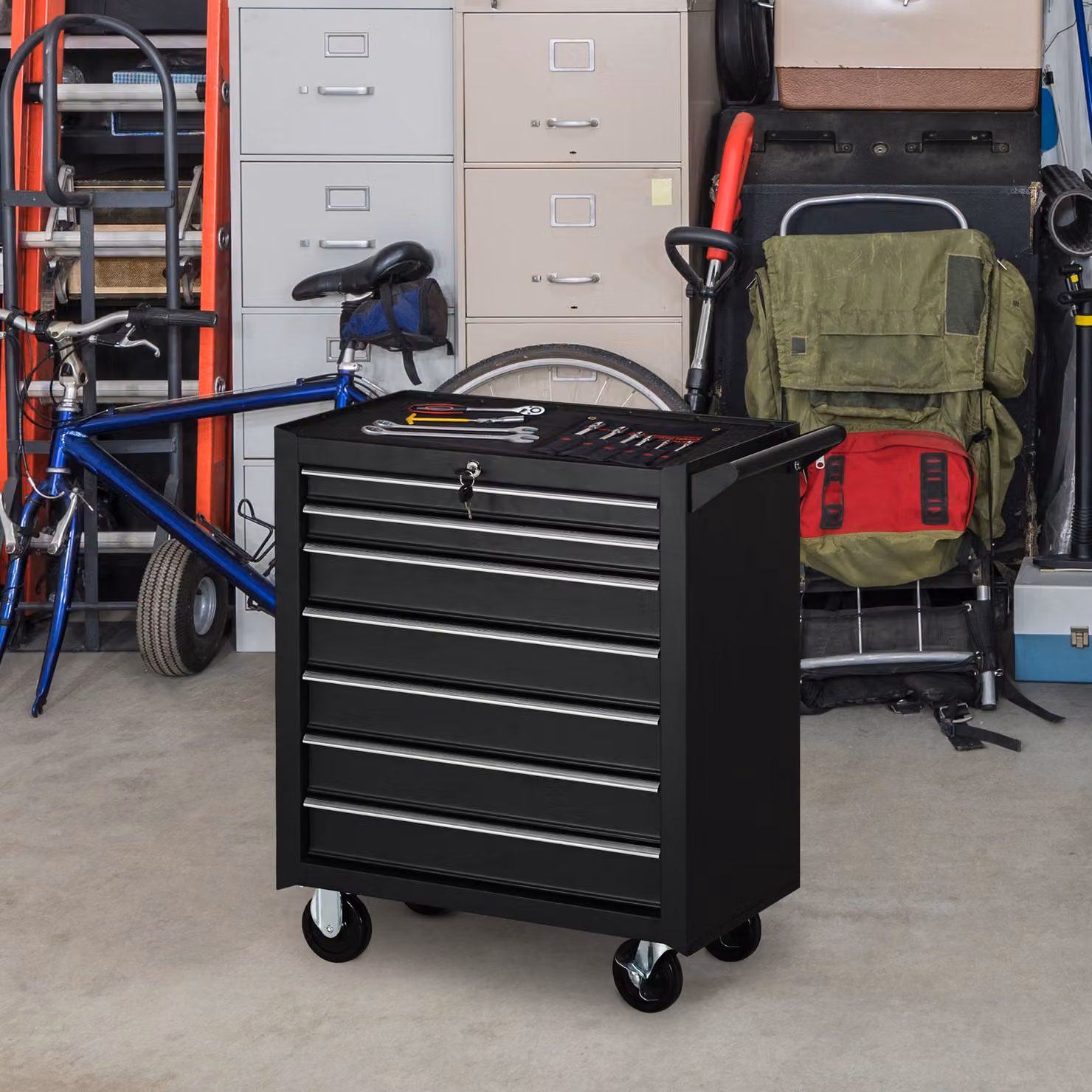 Carrello da Officina Professionale Aosom con 7 Cassetti, Serratura di Sicurezza e Ruote, Nero, L: 69 cm, P: 33 cm, H: 75 cm – 2