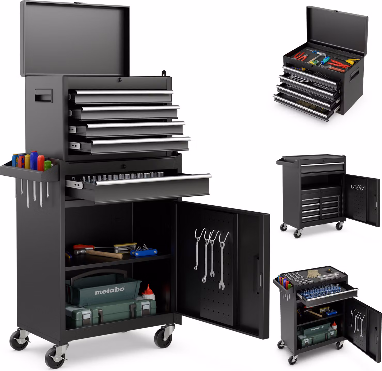 COSTWAY Carrello da officina 2in1 con valigetta, 8 scomparti, ganci e ripiano regolabile, carrello portautensili bloccabile su ruote fino a 100kg metallo 59x28x102cm