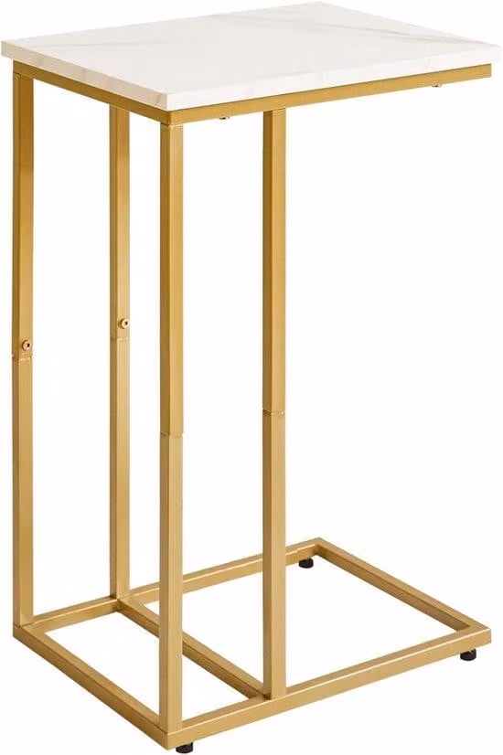 Tavolino a forma di C - Tavolino da letto - Tavolino per laptop - Ideale per camera da letto - soggiorno - ufficio - Bianco gesso marmorizzato - Piano in legno con struttura metallica dorata - 51 cm