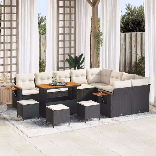 Set Divano da Giardino a Forma di U vidaXL in Polyrattan Nero e Beige con Cuscini e Tavolino da Esterno