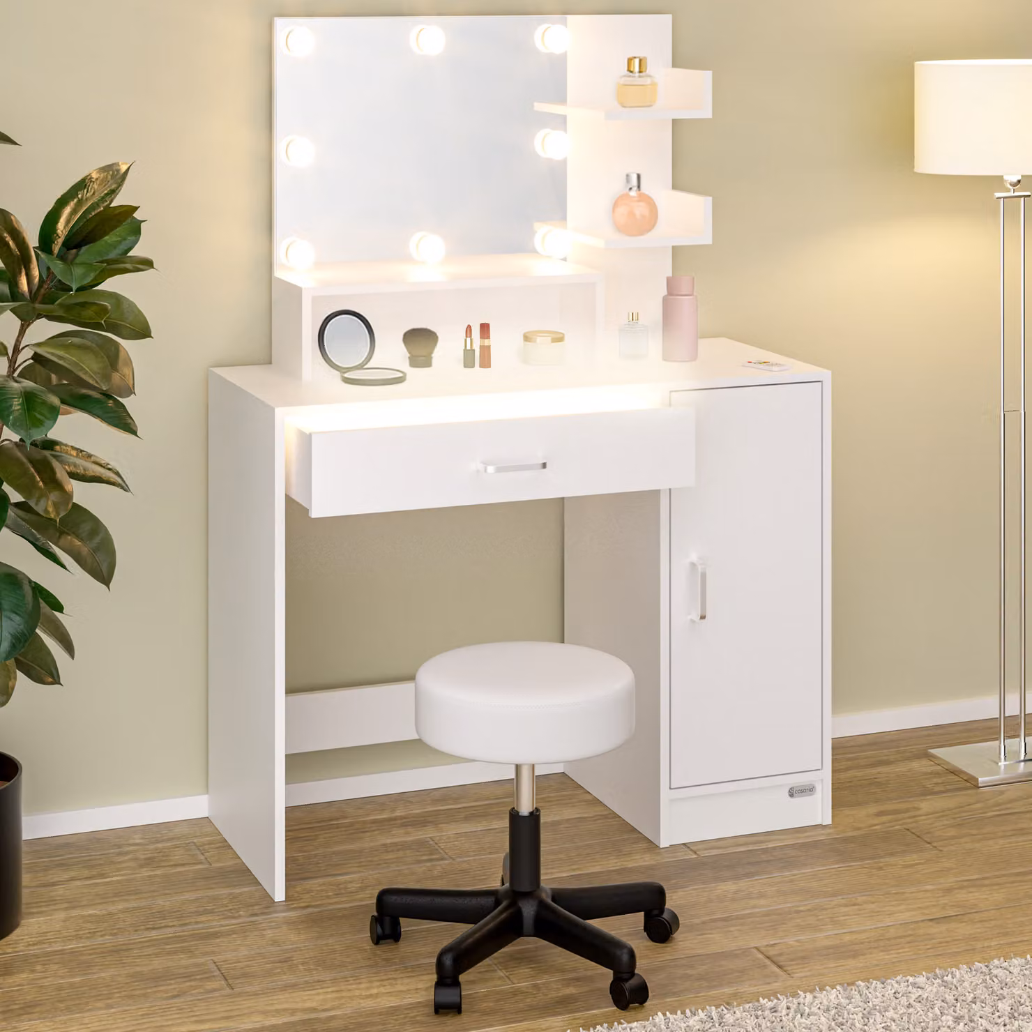 Tavolino da toilette Jocelyn Casaria Bianco con LED e sgabello su rotelle L: 140 cm, P: 90 cm, H: 40 cm – 4