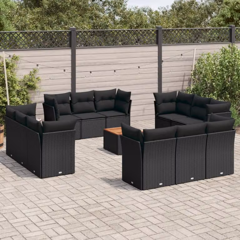 vidaXL Set Divani da Giardino 13pz a Forma a U in Polyrattan Nero con Cuscini e Tavolino da Esterno