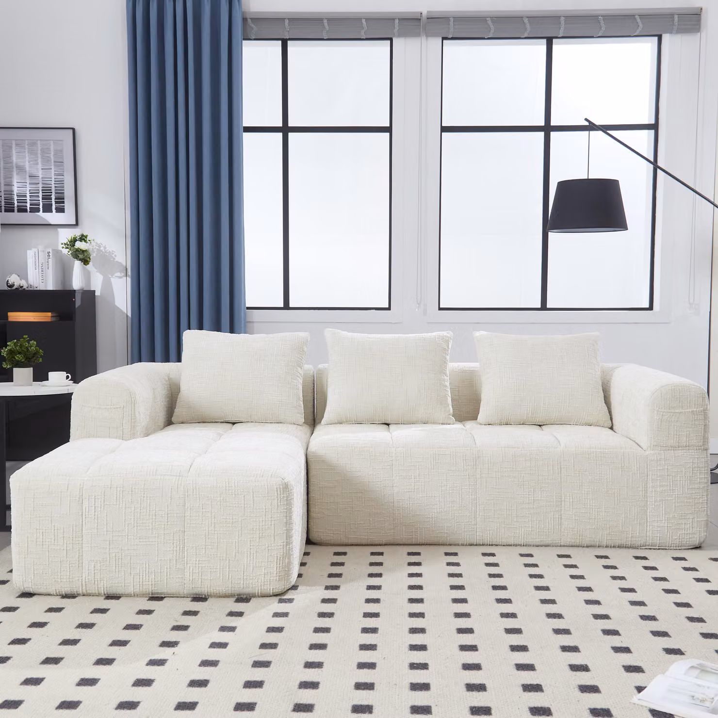Divano modulare moderno, divano a forma di L, divano a 3 posti, divano in velluto con chaise longue e braccioli, 3 cuscini, tasca laterale per il telecomando, color beige