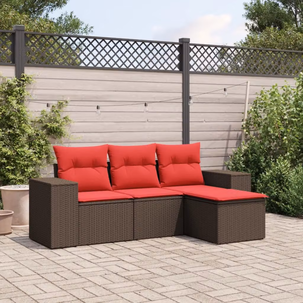 Set di divani da giardino vidaXL a forma di L composto da 4 pezzi in polyrattan marrone con cuscini inclusi
