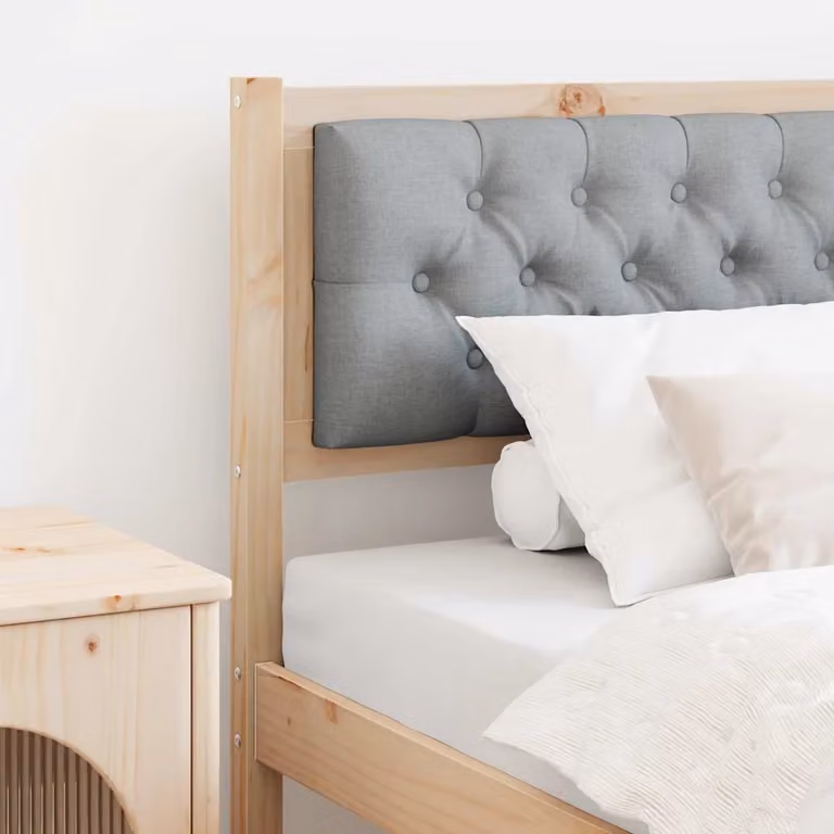 Testiera per letto moderna vidaXL in legno di pino massello e tessuto, marrone e grigio chiaro