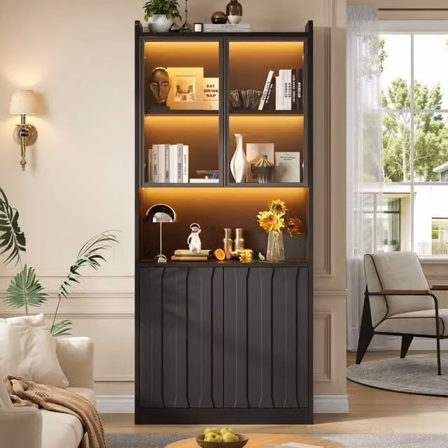 Vetrina, libreria, armadio, 80x35x200 cm, illuminazione a LED, ante in vetro, nero