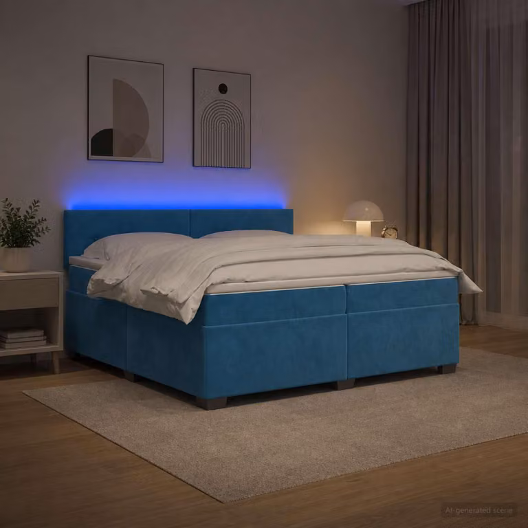 Letto matrimoniale con boxspring, materasso e illuminazione LED blu, dimensioni 200 x 200 cm, rivestito in velluto