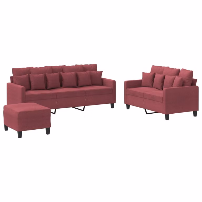 Set di Divani 3 pz con Cuscini Rosso Vino in Tessuto