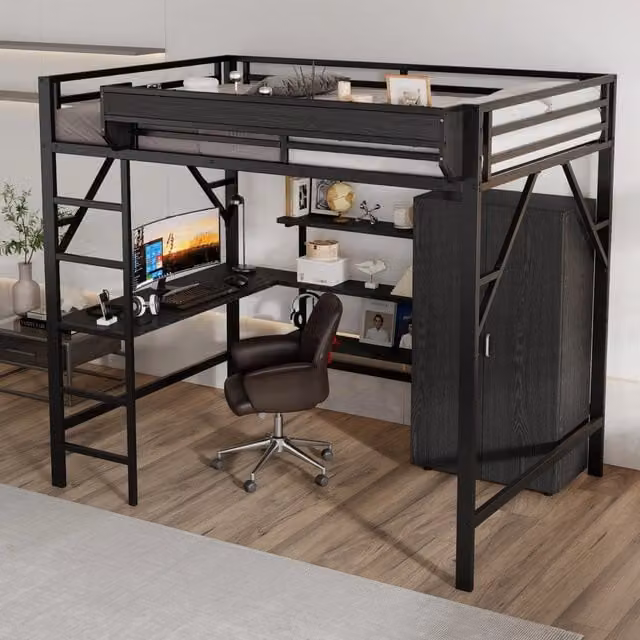 Letto a soppalco per bambini 140 × 200 cm con scrivania, armadio e ripiano, senza materasso, nero in metallo e MDF