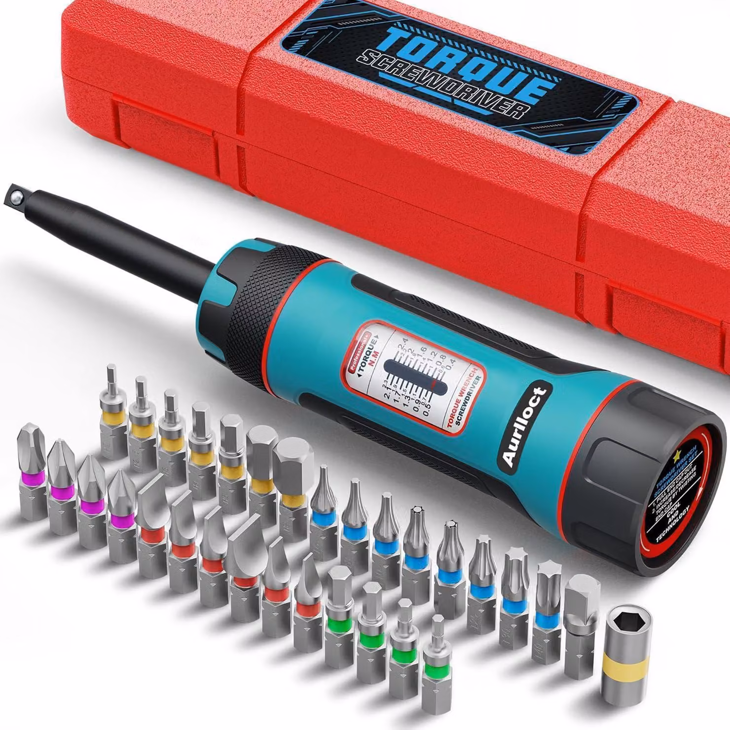 Set di cacciaviti a coppia regolabile, 32 pezzi, da 0,4 a 2,4 Nm, con inserti in acciaio S2 ad albero lungo, fornito in valigetta rigida