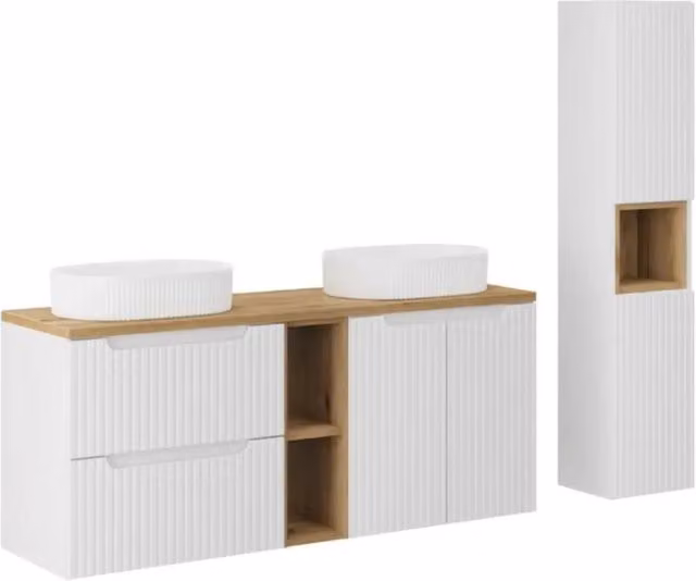Set mobile bagno Meublorama VANO bianco con due lavabi da appoggio e colonna, composto da base sottolavabo con nicchie, cassetti e armadietti, L: 170 cm