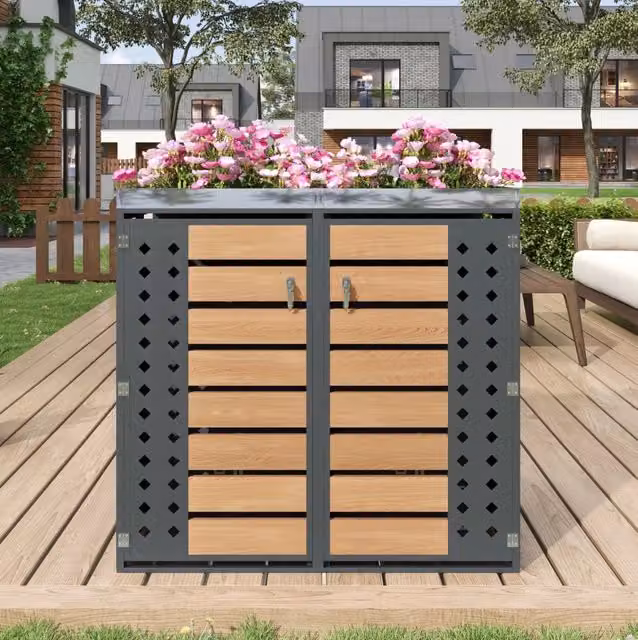 Box portabidoni a 2 scomparti con fioriera integrata; acciaio zincato; grigio effetto legno