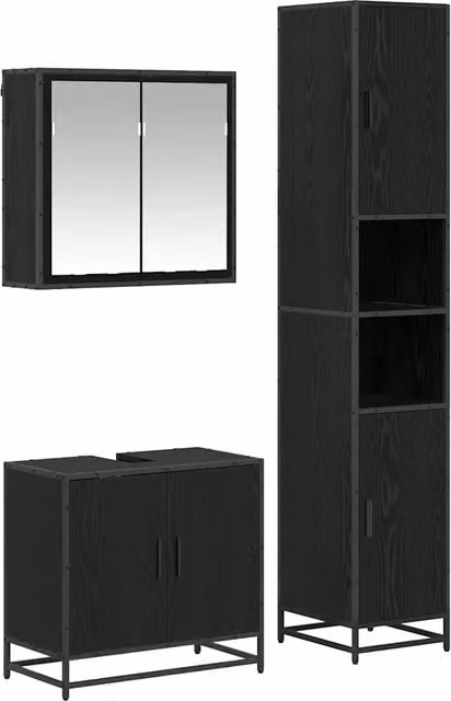 Set di mobili per il Bagno | Armadio da bagno 3 pz Rovere Nero Legno multistrato