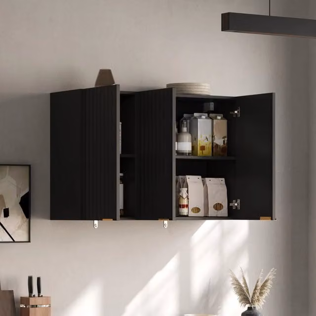 Pensile da parete WISHDOR moderno in MDF nero e oro con ante a battente per cucina e bagno L: 90 cm, P: 29 cm, H: 60 cm – 1