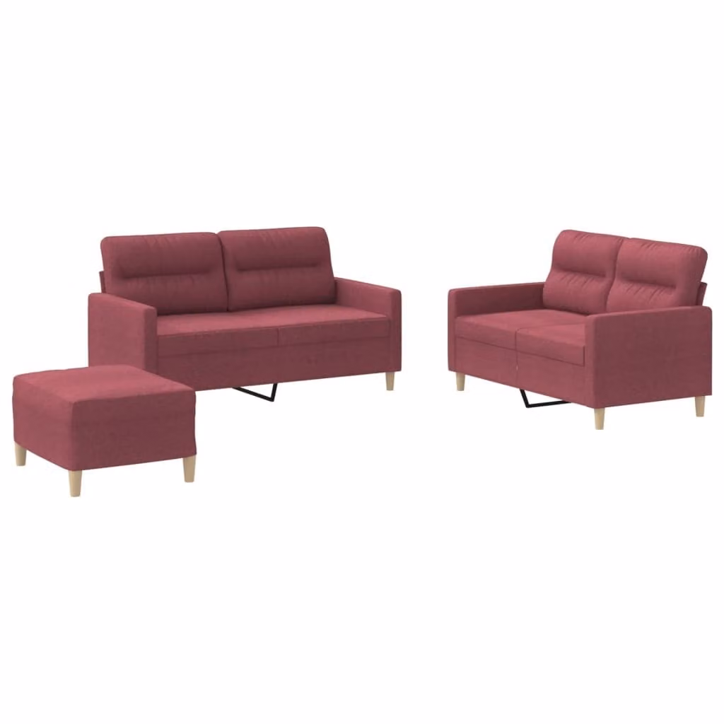 Set di Divani 3 pz con Cuscini Rosso Vino in Tessuto