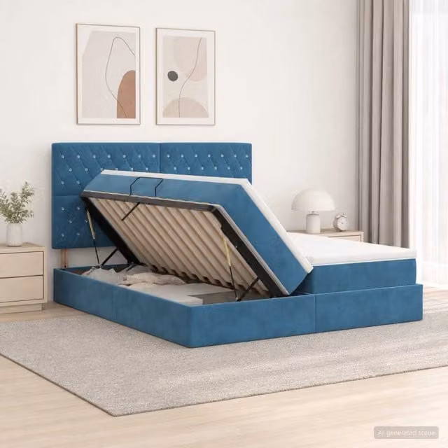 Letto con Contenitore Moderno vidaXL in Velluto Blu con Base Lift Up L: 200 cm, P: 200 cm, H: 140 cm