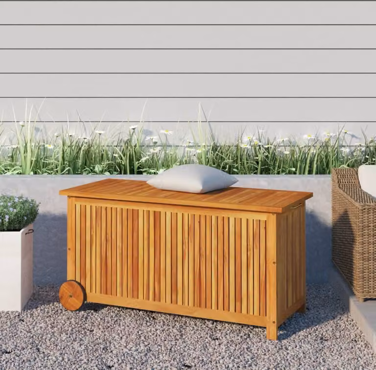 vidaXL Cassapanca da giardino con rotelle 113x50x58 cm in legno massiccio di acacia - Cassapanca da giardino - Cassapanca da giardino - Cassapanca da esterno - Cassapanca da giardino