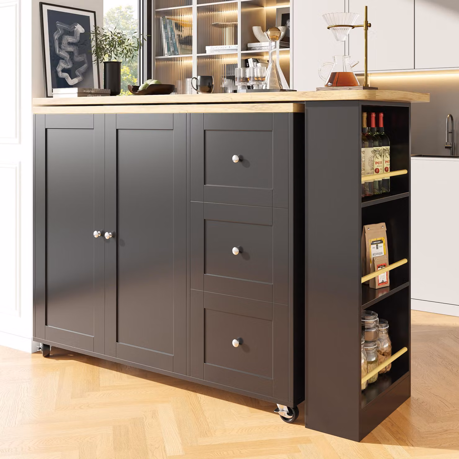 Isola da cucina su ruote, girevole a 360°, realizzata in MDF nero, con 3 cassetti, 2 ante e ripiano per snack, dimensioni 135–203 x 39 x 106 cm