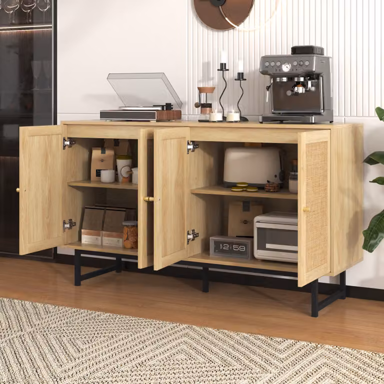 Cassettiera AIORBER, in vero midollino di rattan, 4 ante, gambe alte 18 cm, ampio spazio di archiviazione, credenza, per soggiorno, sala da pranzo, 140x39,5x80 cm, colore legno