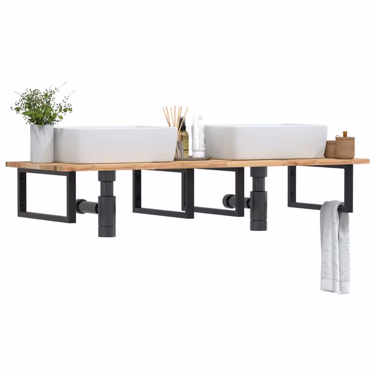 vidaXL Ripiano a Parete per Lavabo in Accacia e Metallo Nero e Marrone L: 50 cm, P: 22 cm, H: 5 cm