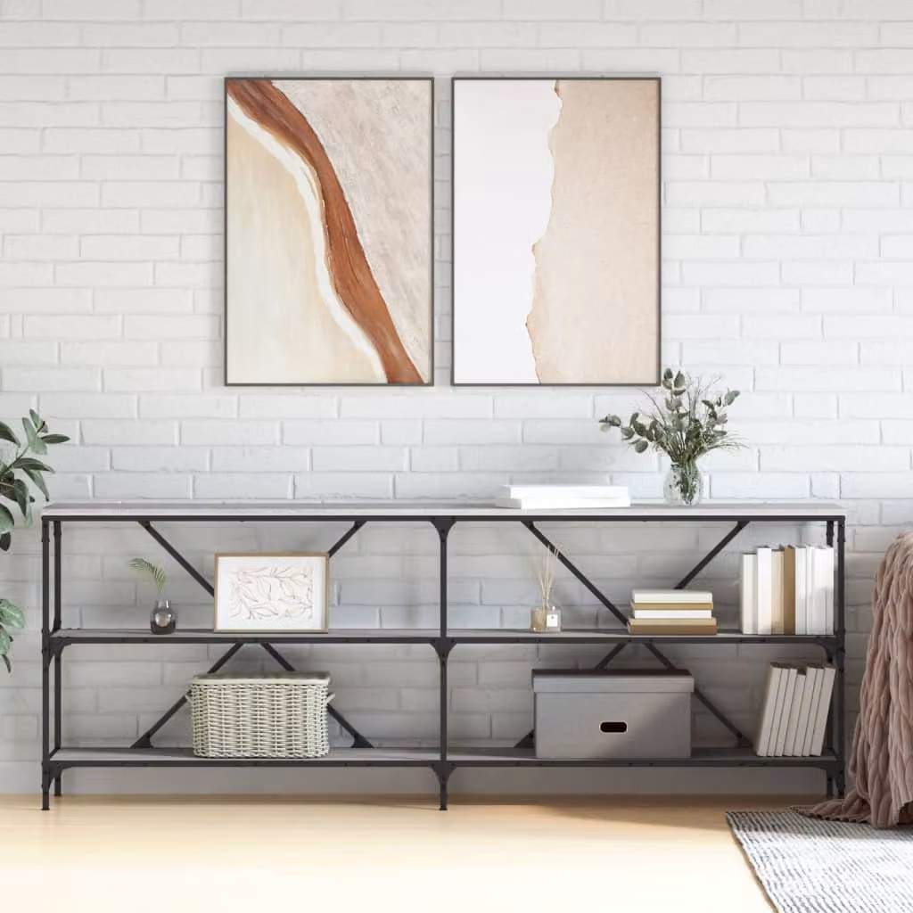 Tavolino vidaXL in stile industriale con piano in legno grigio Sonoma e struttura in metallo, L/P/H: 200 x 30 x 75 cm