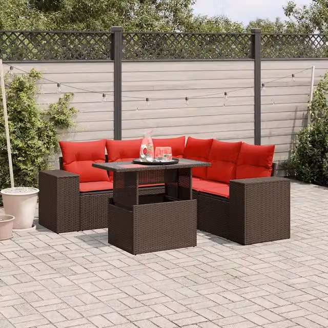 Set Divani da Giardino 6 pz con Cuscini Marrone in Polyrattan 3269164