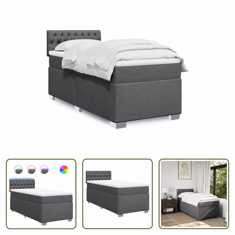 The Living Store Letto a molle con materasso grigio scuro 90x190 cm in tessuto