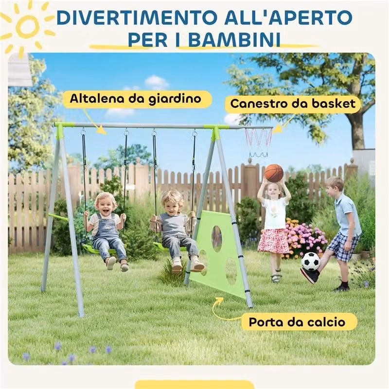 Gioco per bambini 3 in 1 con altalena da giardino, canestro e porta da calcio, verde e grigio, H: 238 cm, L: 180 cm, P: 182 cm – 2