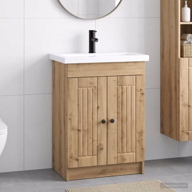 Set di mobili per il bagno vidaXL in stile moderno, colore rovere marrone, L: 56 cm, P: 37,5 cm, H: 81 cm