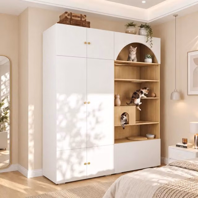 Armadio con 7 vani, appendiabiti e parete per gatti moderno per camera e ingresso, bianco effetto legno 180×50×200 cm