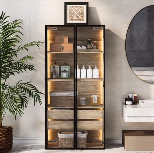 Mobile contenitore naturale in MDF con LED; 2 ante in vetro satinato e 2 cassetti