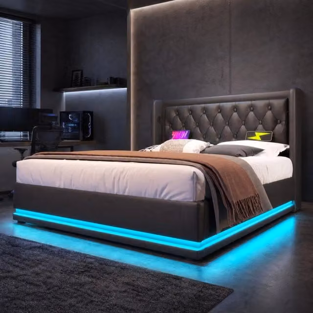 Letto 140x200 cm con contenitore idraulico, LED, USB e USB-C in PU nero